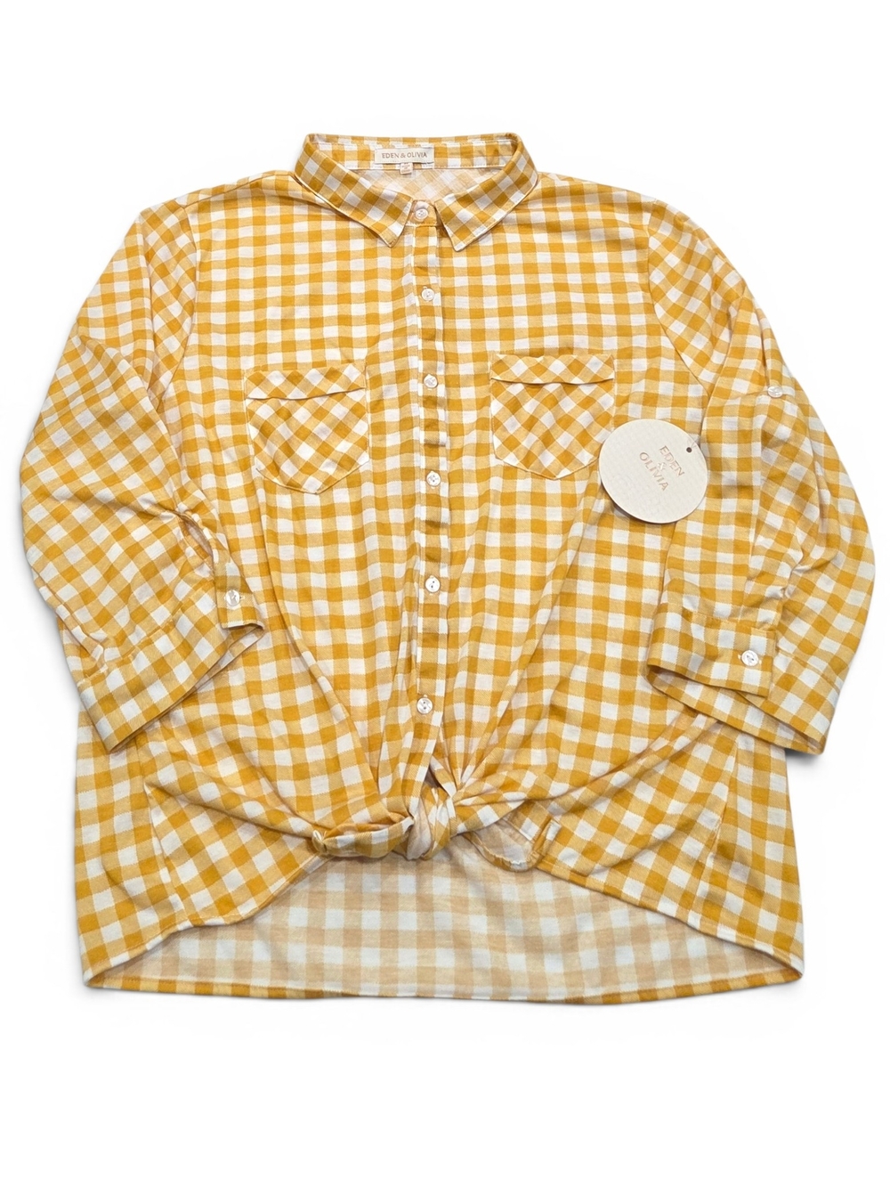 Eden & Olivia Ivory & Yellow Gingham Tie-Front Button Down Top - XL - NWT